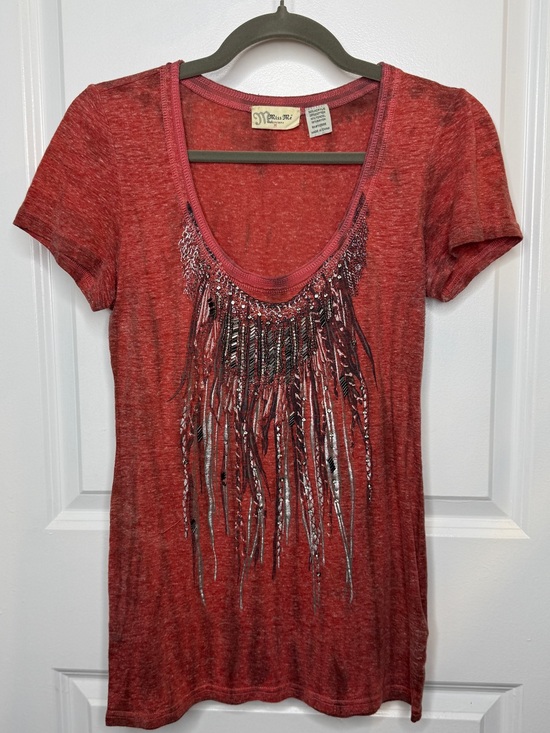 Miss Me Tops - Miss Me Brick Red Short Sleeve Fringe & Sequin Scoop Neck Top